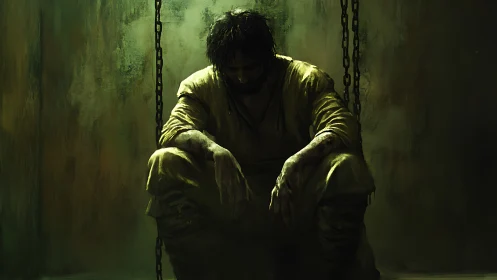 Worn prisoner rests in chains, wrapped in shadowed silence.