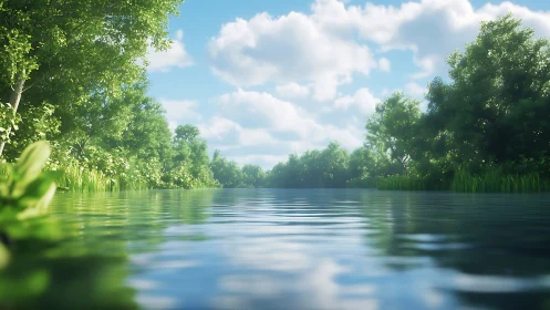 River hush under cloud-soft skies and emerald canopies.