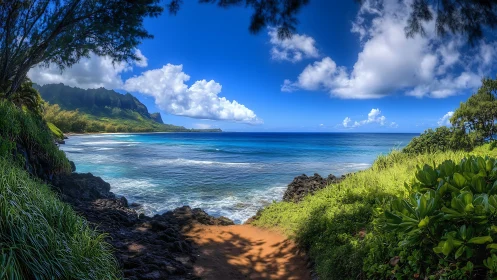 Hawaiian Coastal Landscape: Volcanic Cliffs, Turquoise Waters, Tropical Vegetation