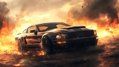 High-torque muscle car drifting through explosive firestorm.
