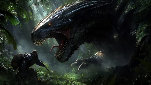 Armored jungle serpent confronts armed soldier in volumetric light