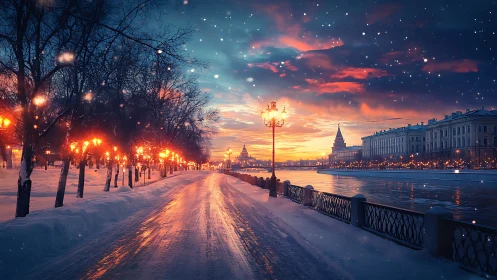 Snowy riverside city street at sunset with glowing lamps.