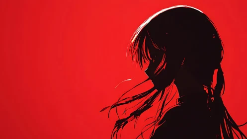 Crimson horizon silhouette of windswept anime girl in profile.