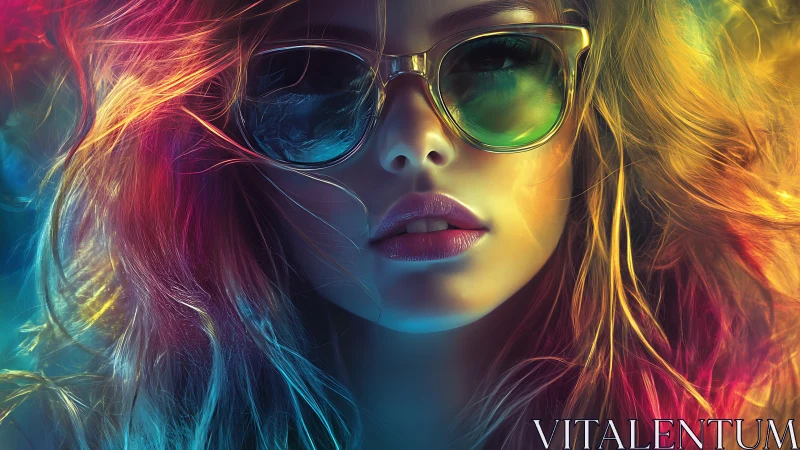 Neon gradient portrait with reflective sunglasses and chromatic hair.