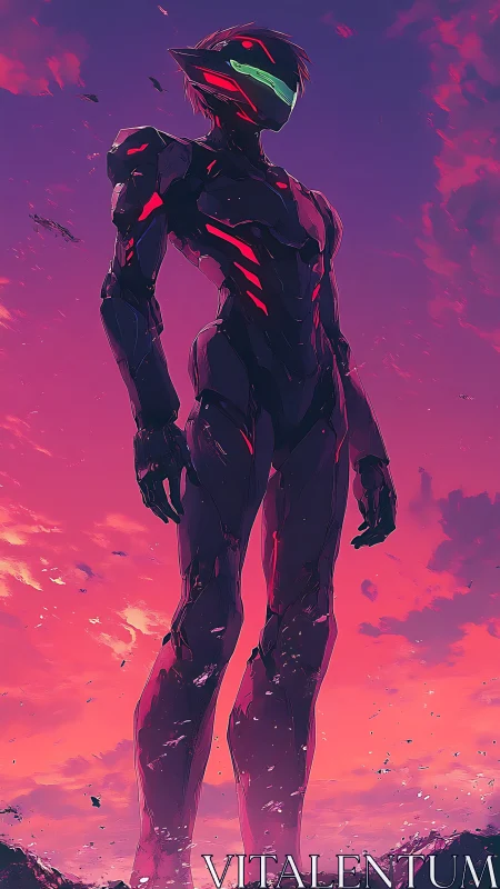 Armored sci fi figure against vivid magenta sky.