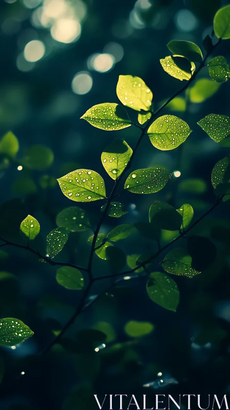 Backlit dew-covered leaves with shallow depth of field rendering