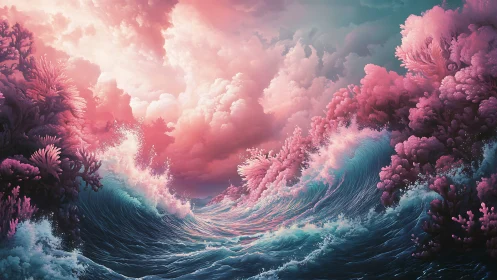Pink cloudscape over stylized coral waves in seascape scene.