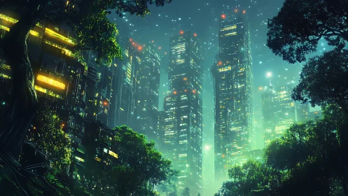 Emerald city lights rising gently above a dreaming forest.