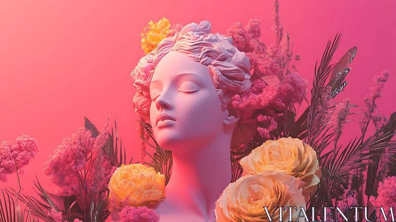Neoclassical bust amid neon florals in radiant pink glow.