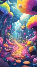 Colorful fantasy forest path winds through glowing trees