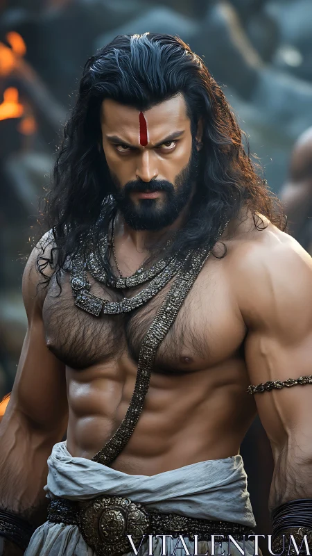 Mythic warrior stands shirtless under dramatic firelight.