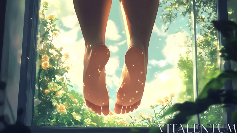 Bare feet suspended above sunlit garden window scene.