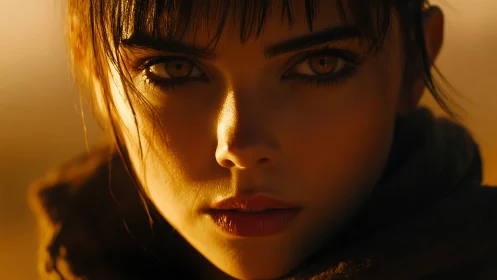 Close portrait shows intense gaze under warm side lighting