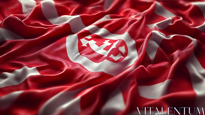 Red white heraldic banner with circular crest emblem.