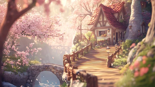 Sunlit cottage bridge welcomes spring under cherry blossoms