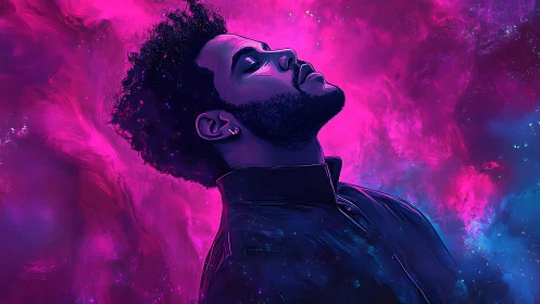 Neon stargazer leans into a storm of magenta cosmos light