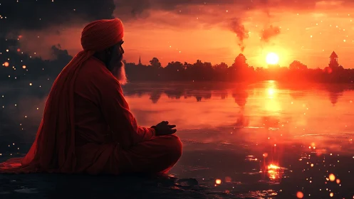 Solitary figure in orange near reflective water at sunset.