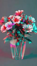Floral arrangement in glass vase with chromatic color separation.