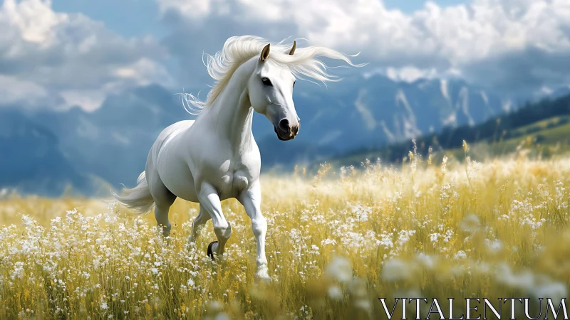 White stallion runs through sunlit wildflower meadow.