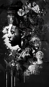 Monochrome profile collage of male figure with abstract forms.