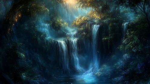 Enchanted forest waterfalls glow under diffused dawn light