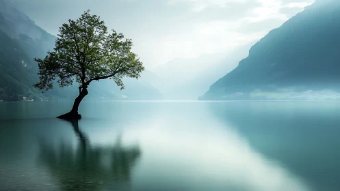 Solitary lakeside tree in misty Alpine morning light.