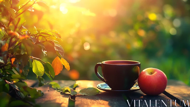 Golden garden morning with warm tea and a crisp apple.