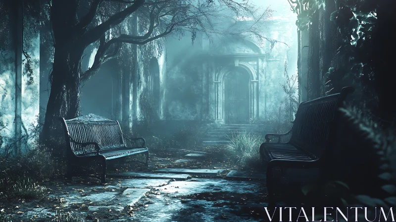 Deserted courtyard benches frame misty overgrown entrance