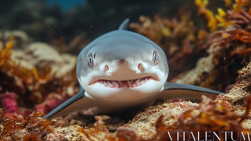 Close-up reef shark portrait in colorful benthic habitat.