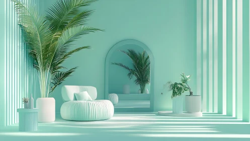 Minimal mint lounge with plants and curved mirror wall.