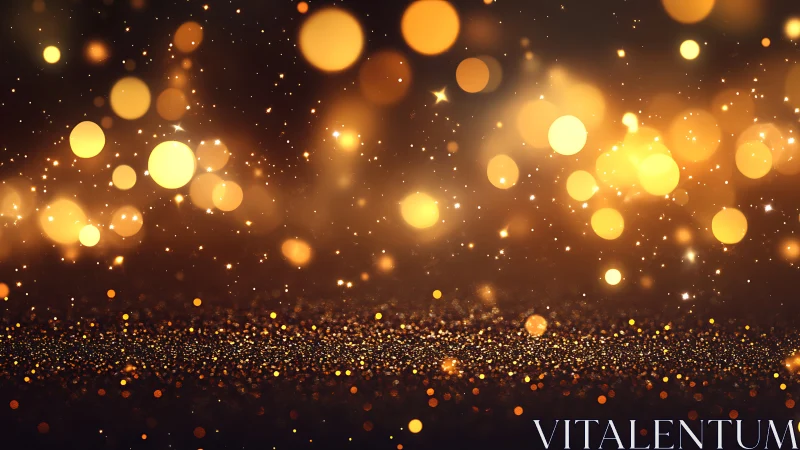Golden bokeh lights shimmer above glittering surface