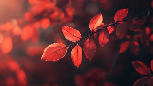 Vibrant red autumn leaves on branch in soft sunlight, artistic style.