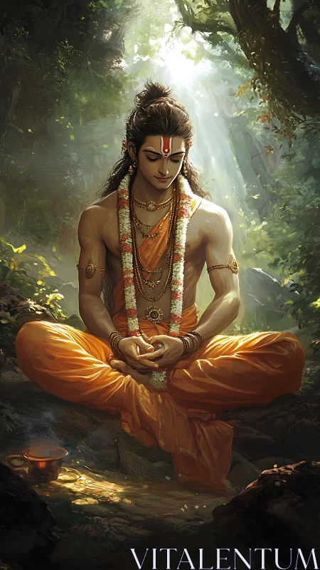 Serene monk in orange robes meditating in forest light.