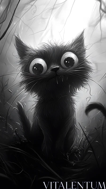Wide-eyed gothic kitten in misty monochrome forest scene.