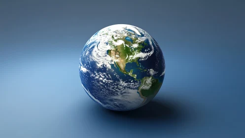 Rendered Earth globe floats over gradient blue atmospheric field