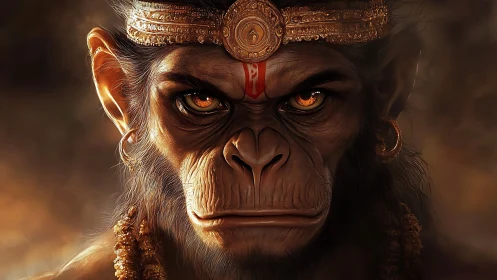 Regal monkey warrior gazes ahead with fierce golden eyes