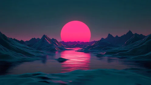 Neon spectral sunset over polygonal glacial water basin.