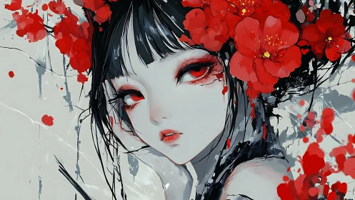 Crimson blossoms frame a dreamy anime girl’s quiet gaze