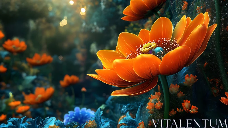 Orange Flowers with Beetle in Aquatic Environment.