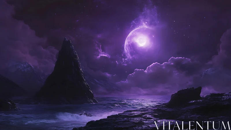 Celestial Moon Over Mystical Coastal Realm.