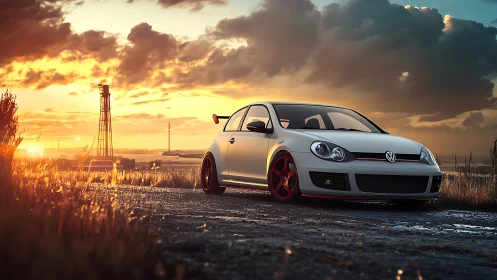 Sunset highway welcomes a sleek white VW ready for adventure