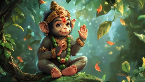 Cute baby monkey deity with ornaments in forest setting.