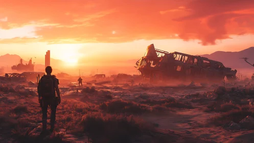 Lone survivor crosses a sunlit post-apocalyptic wasteland.