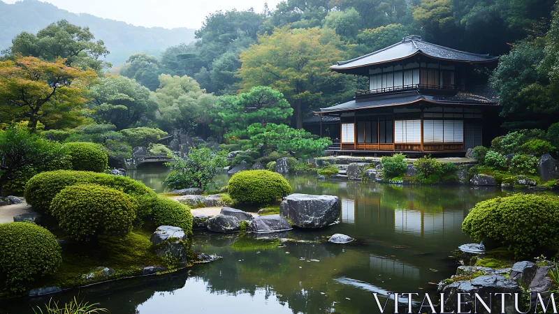 Zen pavilion guarding a mirror-still moss garden pond.