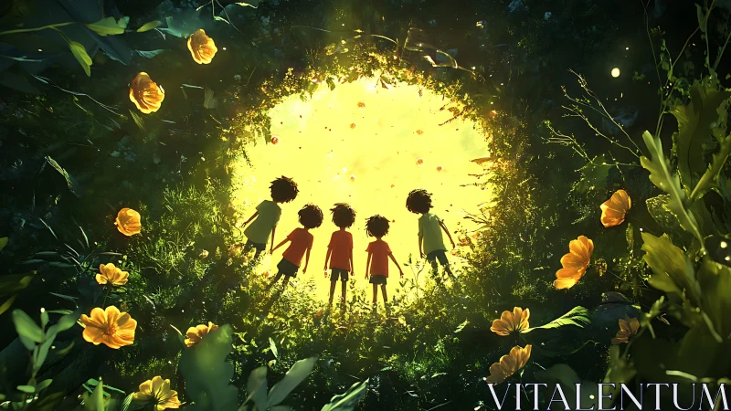 Children silhouetted against golden light emerging from nature.