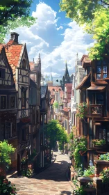 Sunny medieval alley with timbered houses and flowers.