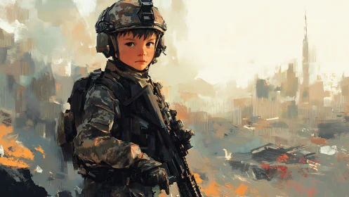 Young soldier in digital camouflage dominates abstract warzone