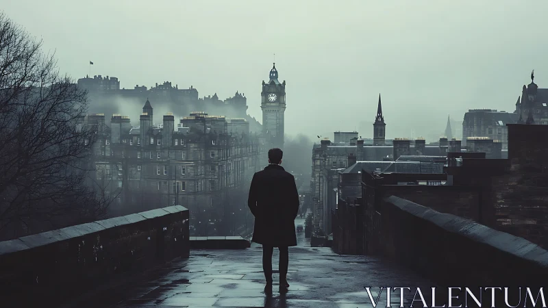 Solitary figure on misty city bridge at dawn twilight.