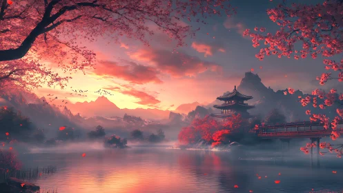 Twilight pagoda beside misty lake under crimson blossoms.