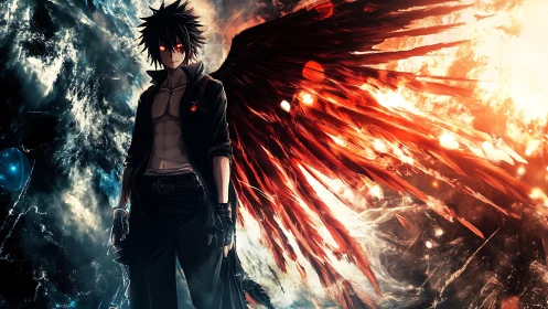 Dark winged anime warrior amid cosmic firestorm.